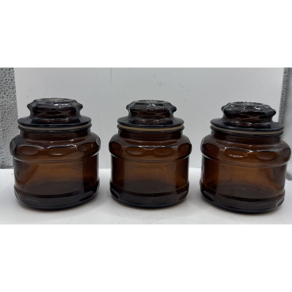 Set 3 Cremora VNTG 1970's Dark Amber Brown Glass Apothecary Jar  Starburst Lid